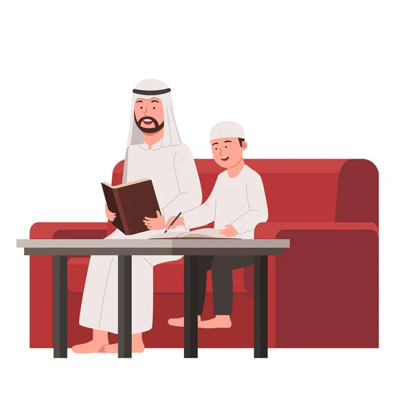 Arabian Padre Enseñar Hijo Estudio Casa Plana Dibujos Animados — Vector de stock