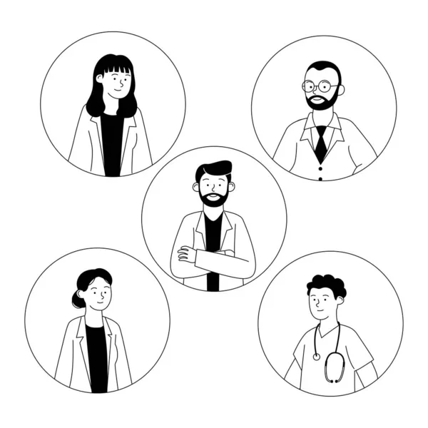 Conjunto Avatar Doctor Esquema Plano Dibujos Animados Ilustración — Vector de stock