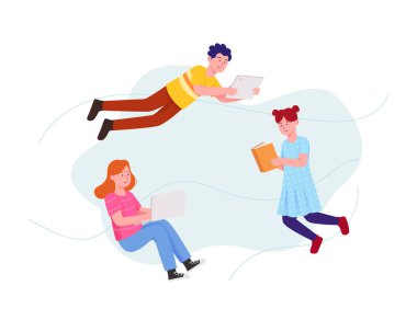 Kitap ve Gadget Düz Çizim Okurken Üç Çocuk Konsepti