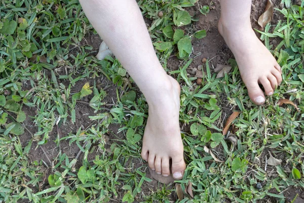 A close up view of a childs feet outside in the garden