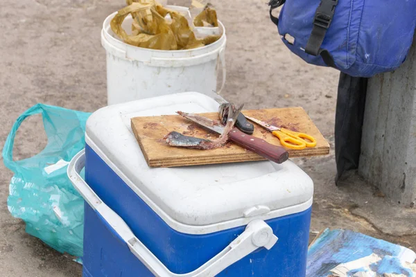 Fishermans sardalya yem görünümü iki ile ahşap bir gemide kadar bir yakın bıçaklar, kesip ve balık yakalamak için kullanılan sarı tutamaç makas 