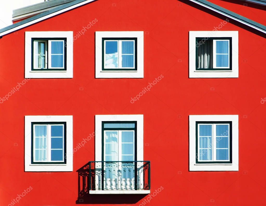 The red facade with six windows
