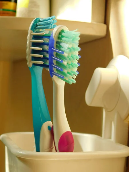 Red Blue Tooth Brushes White Glass — Stock Photo, Image