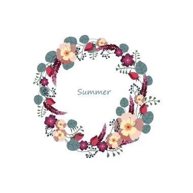 Çiçek çelenk çilek üzerinde beyaz bir arka plan ile. Vektör çizim