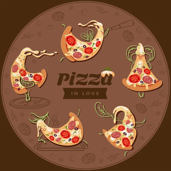 Desenhos Animados Pizza Personagens Fatias Conjunto Cinco Pizzas Amantes Bonitos — Vetor de Stock