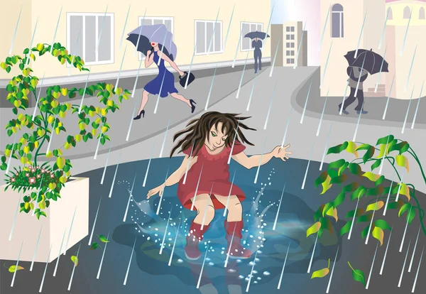 Een Meisje Regen Springt Een Plas Oppakken Van Spatten Vectorillustratie — Stockvector