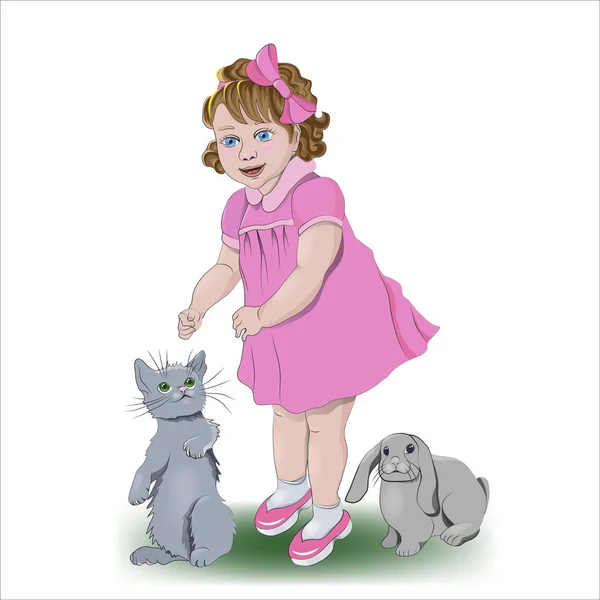 Girl Her Little Friends Cat Rabbit Vector Illustration — Stock Vector