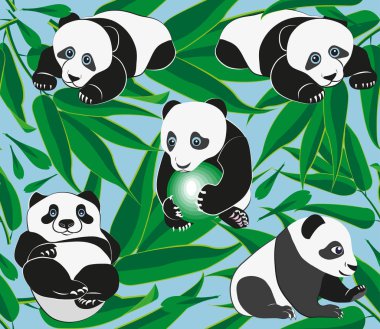 Komik panda bambu şube arka plan üzerinde. Desen. Vektör çizim.