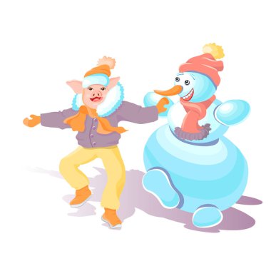 Bir kardan adam ile dans kış ceket içinde domuz