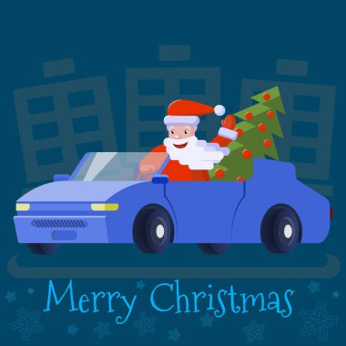 Noel Baba zarif bir Noel ağacı ile bir araba ve elini sallayarak