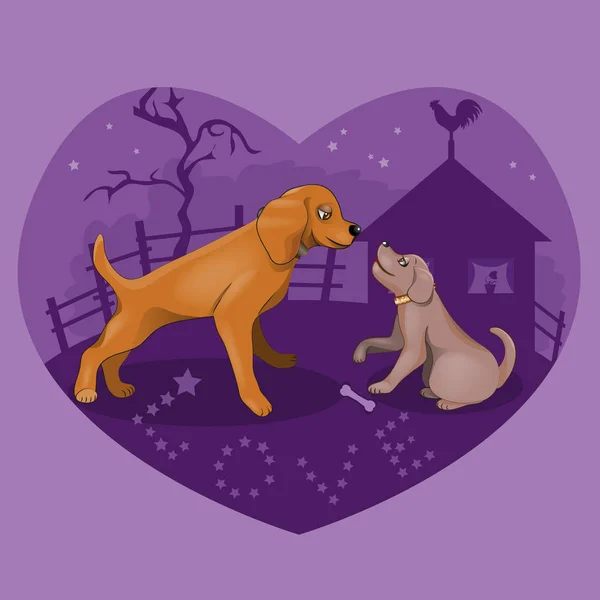 Влюблённые Собаки Встретились Ночью День Святого Валентина Векторная Иллюстрация — стоковый вектор