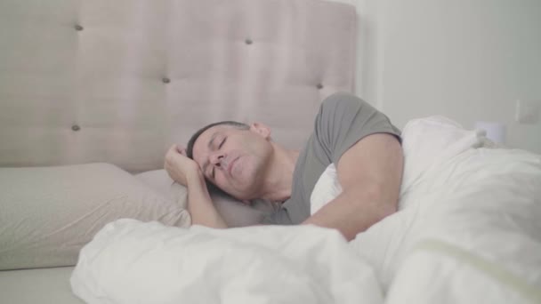 Miserable Guy Waking Alone Bed — Stock Video