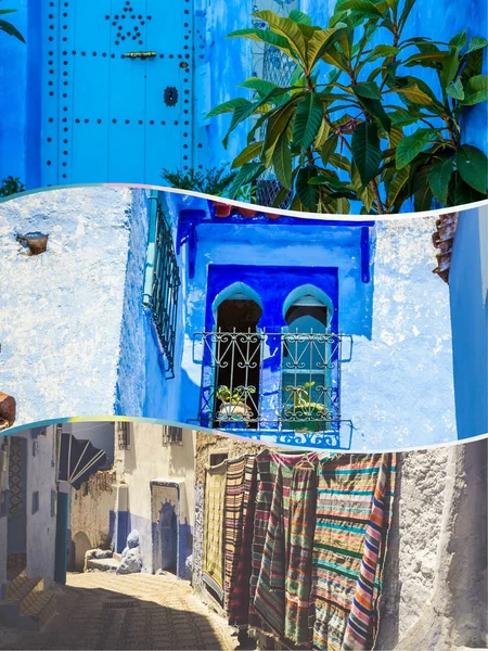 Kollázs Utcák Chefchaouen Marokkó Városában — Stock Fotó