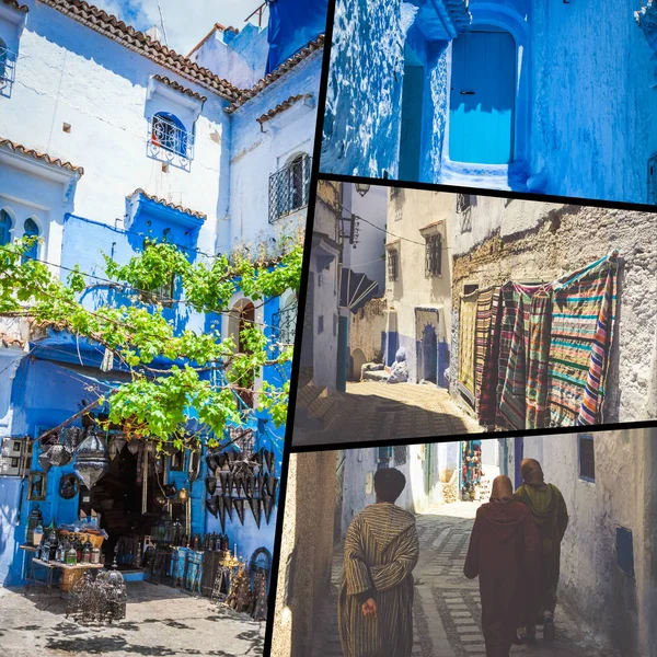 Kollázs Utcák Chefchaouen Marokkó Városában — Stock Fotó