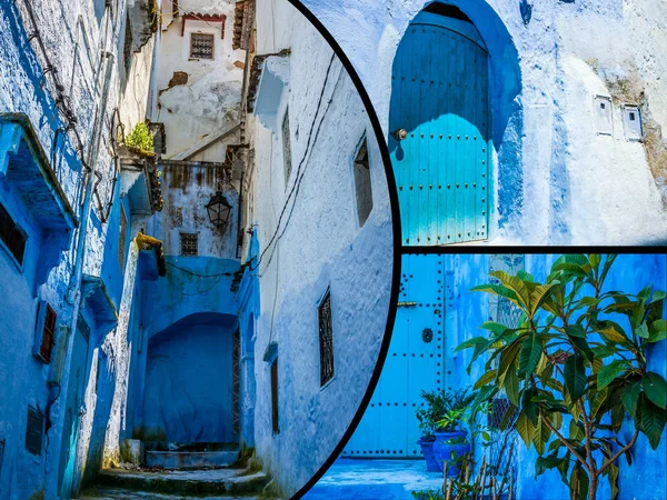 Kollázs Utcák Chefchaouen Marokkó Városában — Stock Fotó