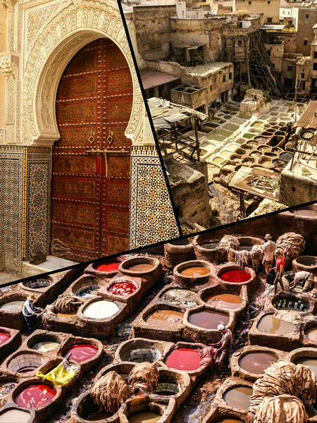 Kolaż Garbarni Skór Tradycyjnych Przetwarzania Fes Maroko — Zdjęcie stockowe
