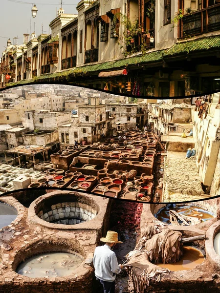 Collage Fes Traditional Processing Leather Tannery Morocco — Stock Photo, Image