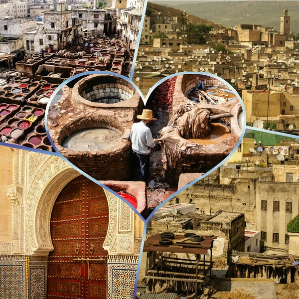 Colagem Fes Tradicional Processamento Curtumes Couro Marrocos — Fotografia de Stock