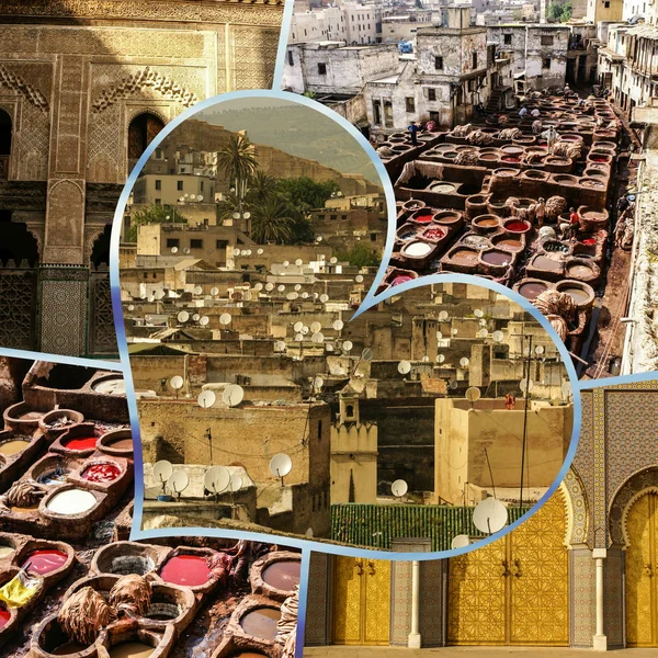 Collage Fez Procesamiento Tradicional Curtiduría Cuero Marruecos — Foto de Stock