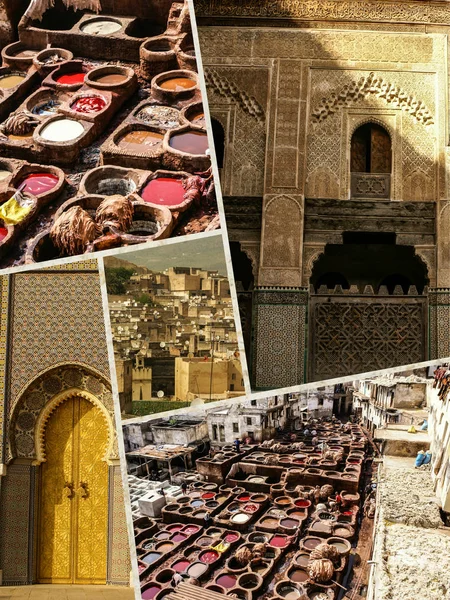 Collage of Fes traditional processing leather tannery in  Morocco