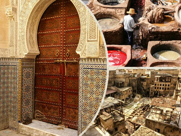 Collage Fes Traditionell Bearbetning Läder Garveri Marocko — Stockfoto