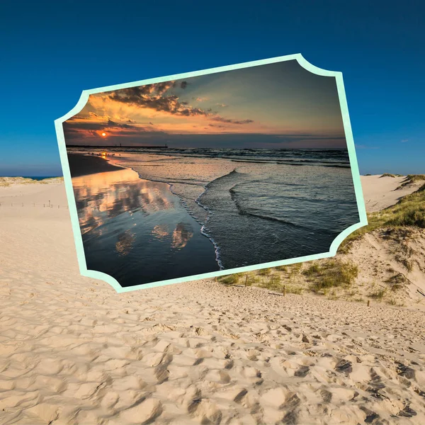 Коллаж Красивого Песчаного Пляжа Леба Балтийское Море Польша — стоковое фото