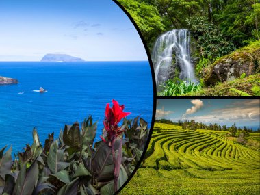 Azores panoramik manzara lagün Portekiz üzerinden kolaj