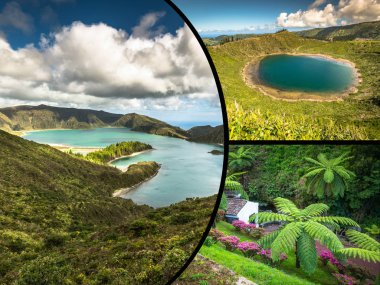 Azores panoramik manzara lagün Portekiz üzerinden kolaj