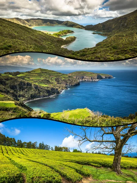 Azores Panoramik Manzara Lagün Portekiz Üzerinden Kolaj — Stok fotoğraf
