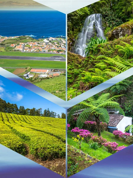 Azores panoramik manzara lagün Portekiz üzerinden kolaj