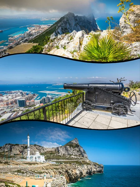 Collage Von Touristenfotos Der Britischen Insel Gibraltar — Stockfoto