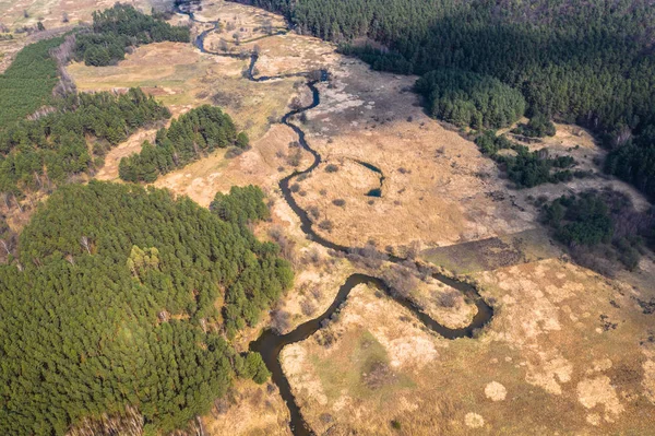 Veduta aerea drone, la curva del fiume con tratti sabbiosi . — Foto Stock