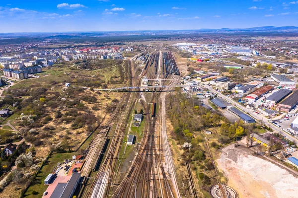 Cargo trains. Aerial view of colorful freight trains on the rail — Stock Photo, Image