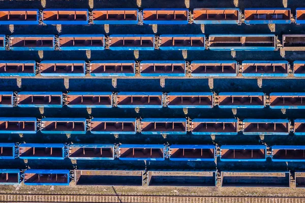 Cargo trains. Aerial view of colorful freight trains on the rail — Stock Photo, Image