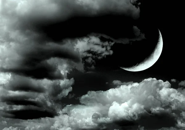 The moon in the night sky in clouds 3D illustration