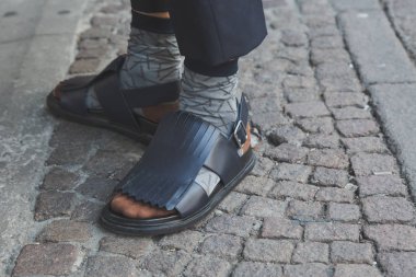 Milan, İtalya - 16 Haziran: Ayrıntı Marni moda gösterisinde Milan üzerinde 16 Haziran 2018 Milan erkekler moda haftasında dışında Ayakkabı.