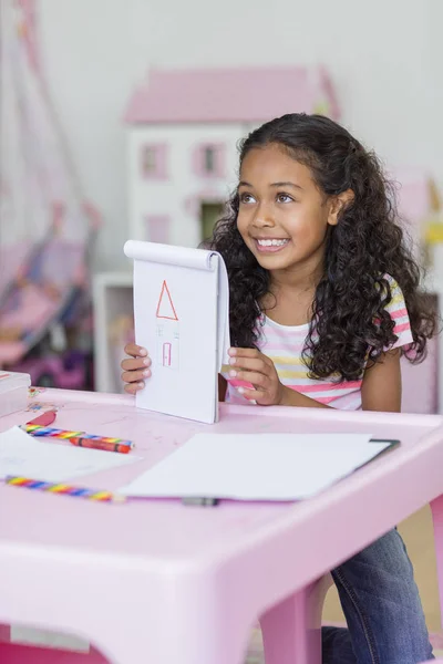 Happy Little Girl Showing Drawing Pink Table — Stock Photo, Image