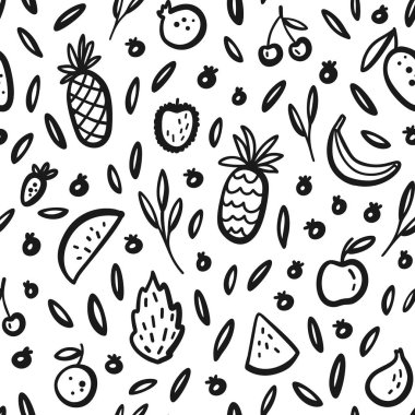 Durian, ananas, karpuz, muz, dragon meyve, Pitaya ile vektör tropikal meyve arka plan. Yaz egzotik meyve siyah beyaz seamless modeli. El çizimi illüstrasyon, kaydırma, tekstil