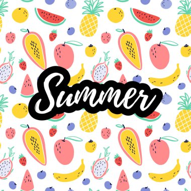 Tropikal meyve elemanları ile yaz metin: ananas, mango, karpuz, dragon meyve, Pitaya, muz, papaya. Vektör egzotik yiyecek Dikişsiz desen arka plan