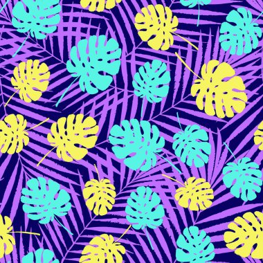 Yaz renkli tropikal palmiye ağacı Dikişsiz desen bırakır. Vektör grunge tasarım kartlarının, web, arka planlar ve doğal ürün