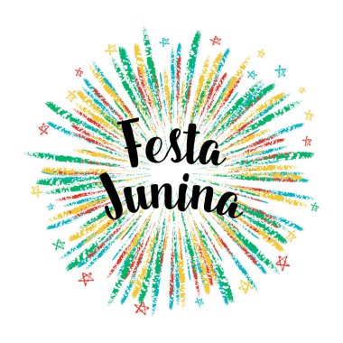 Festa Junina renkli yaz kaligrafi poster, illüstrasyon. Yıldız ile vektör havai fişek carnaval arka plan. 
