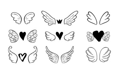 Kanatları mavi kalpler olan Sevgililer günü ve düğün tebrik kartları, posterler için ayarlayın. Vektör el çizim simgesi.