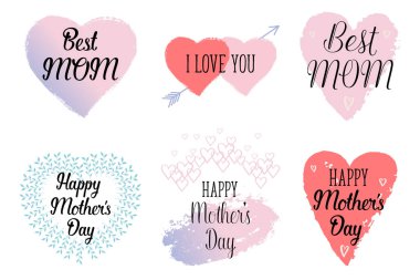 Mutlu anneler'ın günü, ben seviyorum en iyi anne tebrik kartları, posterler ile Rose kuvars ve huzur degrade doku ile ayarla, mürekkep el çekilmiş lekeleri, kalpleri. Vektör arka plan el yazı ile.  