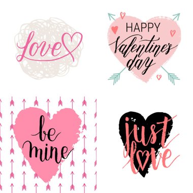 Sevgililer günün kutlu olsun, benim, sadece aşk tebrik kartları, posterler suluboya ile çizilmiş leke, kalpleri teslim. Vektör arka plan el yazı ile. Ayarla.