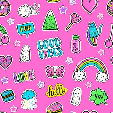 Vektör el çekilmiş moda pembe renkli yamalar: gökkuşağı, halka, dağ, kedi, hayalet, bulut, macaron, pasta, lolipop, kalp seamless modeli. Modern pop sanat plakası, yamalar PIN, 80s 90s stil rozet