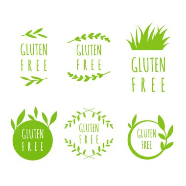 Vektör Gluten ücretsiz etiketleri, çıkartmalar, Etiketler ve beyaz arka plan üzerinde doğal, organik gıda için şekiller. Eko kümesi lekeleri