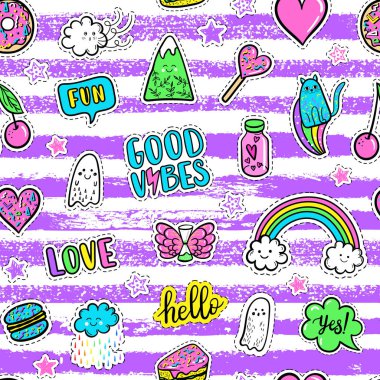 Vektör el çekilmiş moda pembe renkli yamalar: gökkuşağı, halka, dağ, kedi, hayalet, bulut, macaron, pasta, lolipop, kalp seamless modeli. Modern pop sanat plakası, yamalar PIN, 80s 90s stil rozet