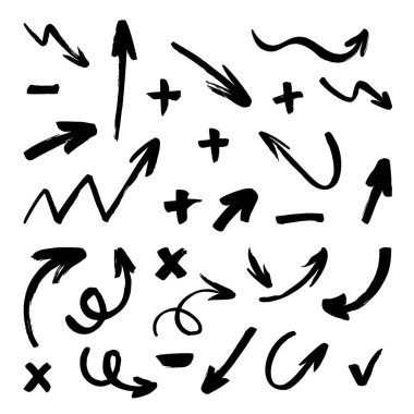 Elle çizilmiş grunge okları küme. Vektör doodle simgesi.