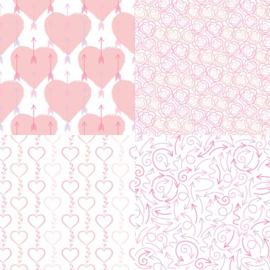 Vektör Dikişsiz desen ile sevimli pembe ayarla okları, gül doodle, çizilen kalpler el.