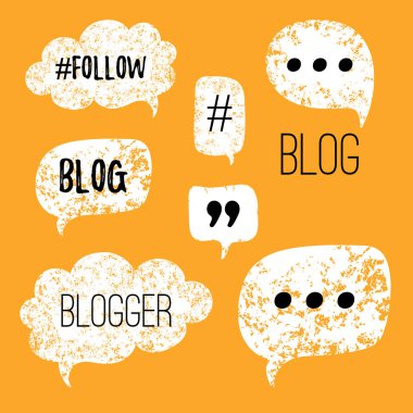 Konuşma balonları ifadeler Blog, Blogger ile vektör. Elle çizilmiş konuşma balonları, blog etiket hashtag grunge tarzı. Sosyal Medya Icons set.